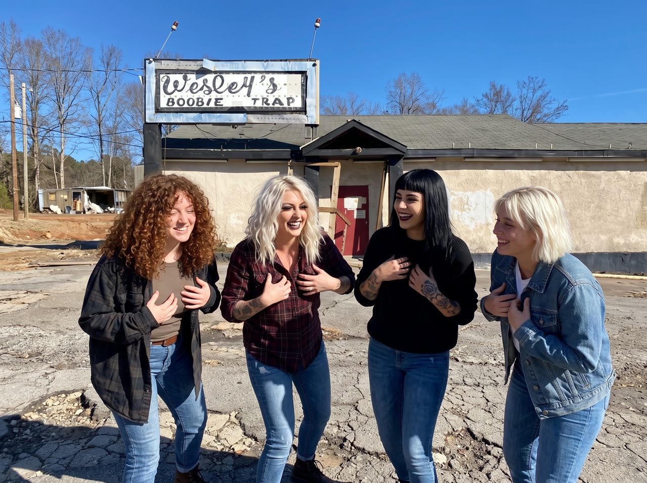 Cara, Marlee, Susan, and Nicole giggling and goofing around in front of the old Boobie Trap club sign.