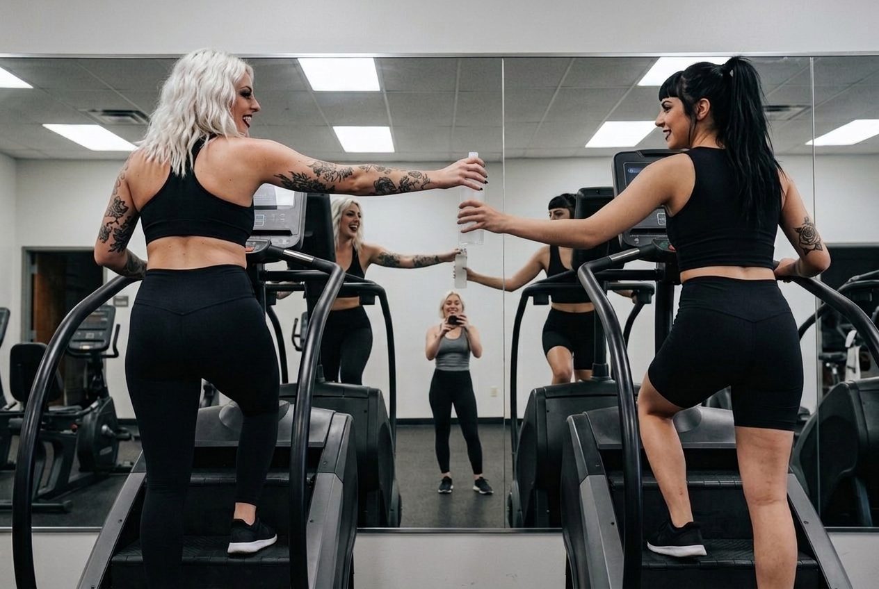 Cara and Susan on the stairmasters while Nicole snaps the photo