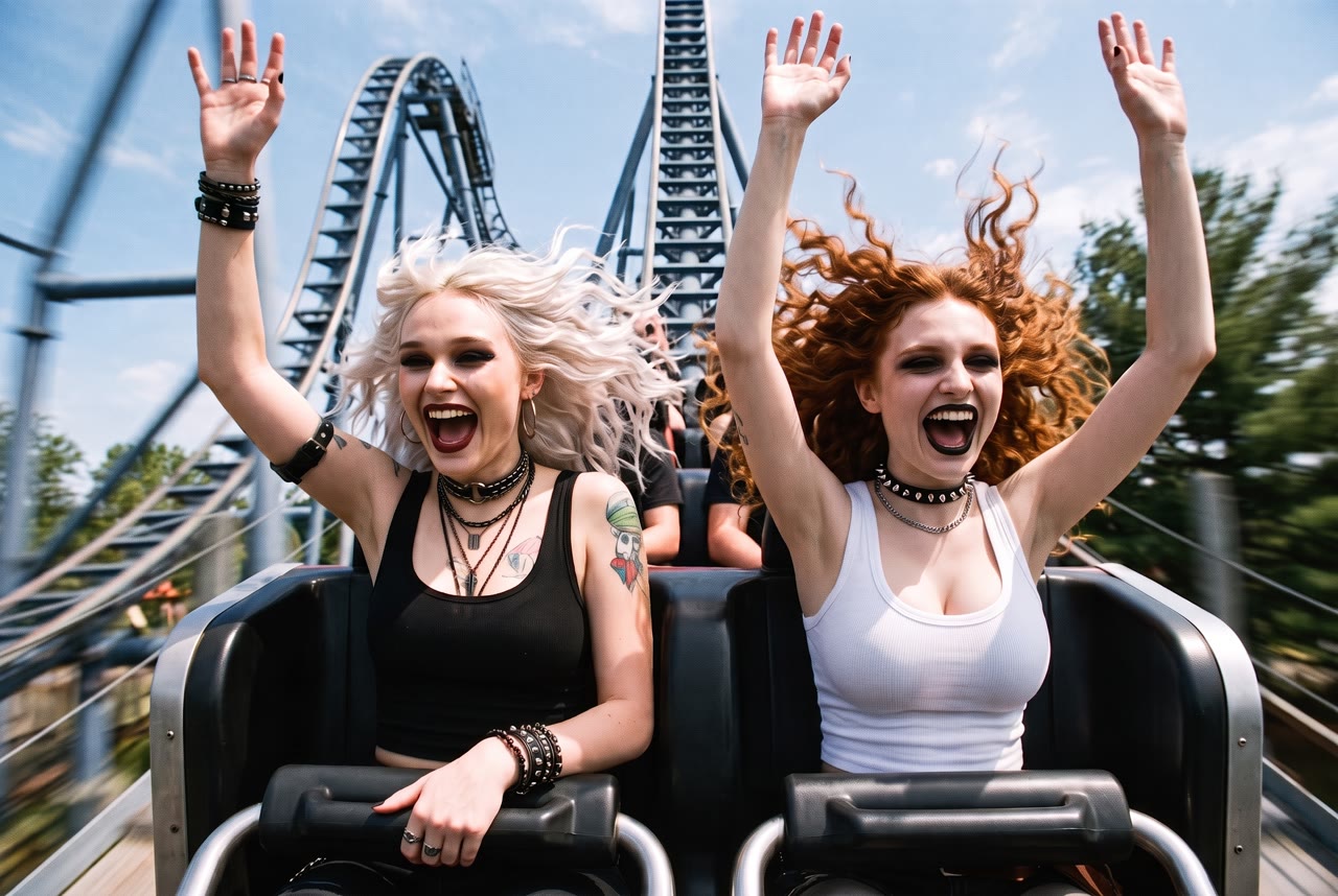 Cara and Marlee screaming and laughing in the front row of a roller coaster on the big drop.