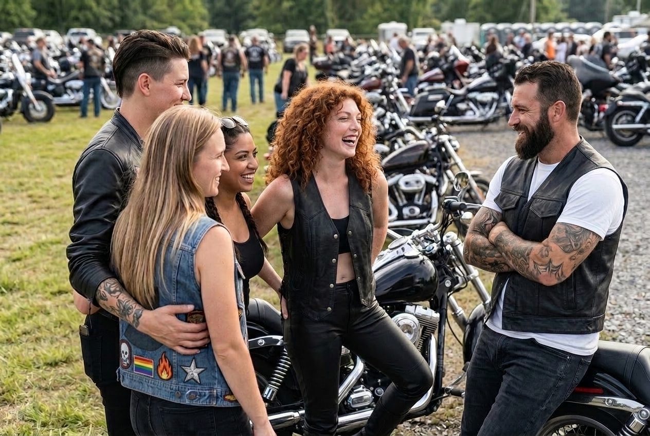 Marlee laughing with friends at a bike rally