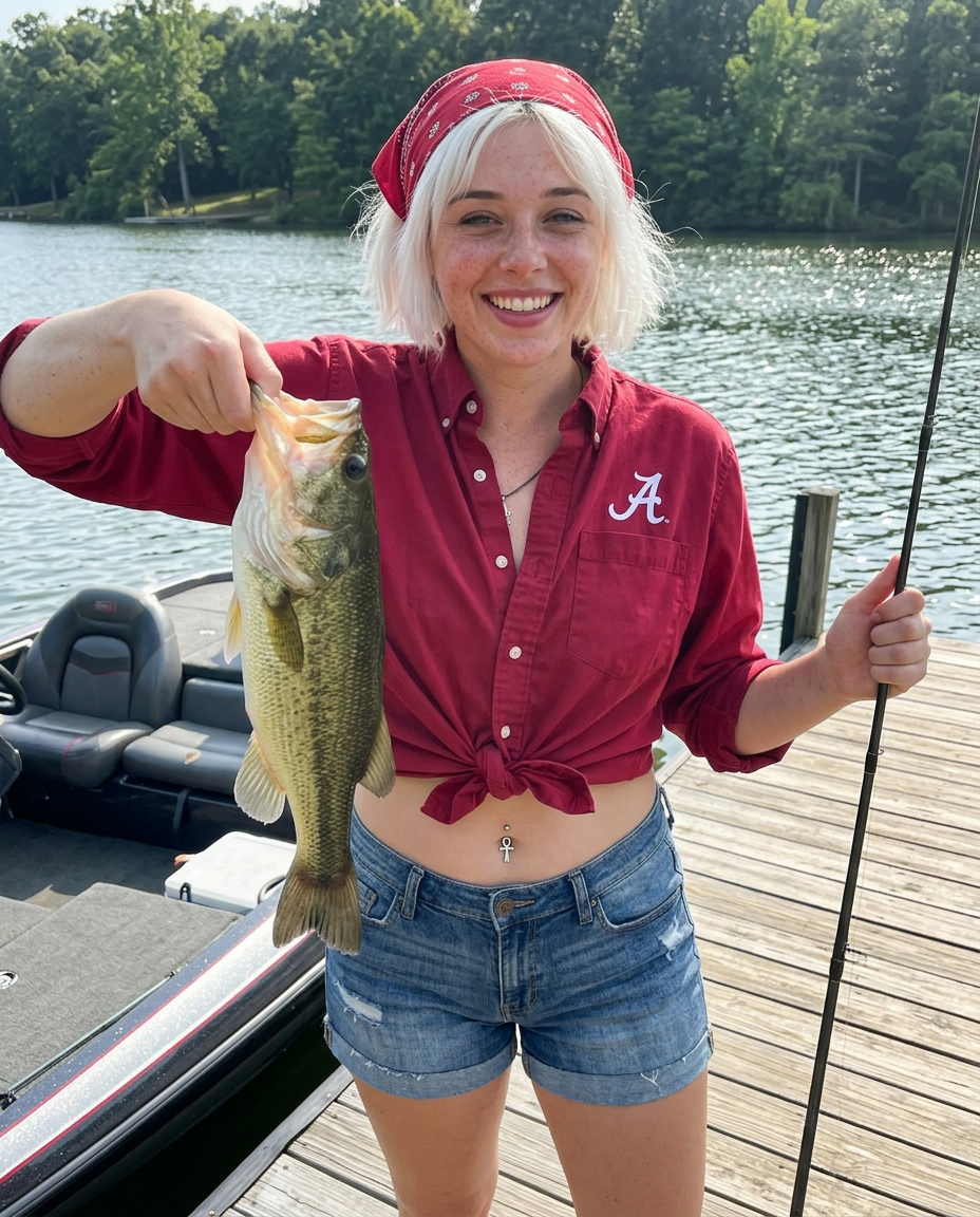 Nicole Hart grinning on a lake dock, holding up a largemouth bass she just caught.