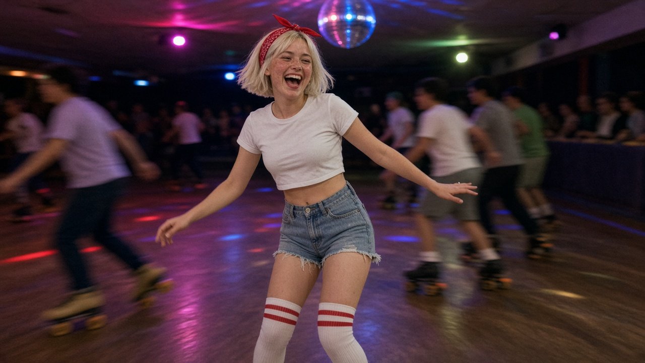 Nicole Hart skating at a roller rink in her red bandana.