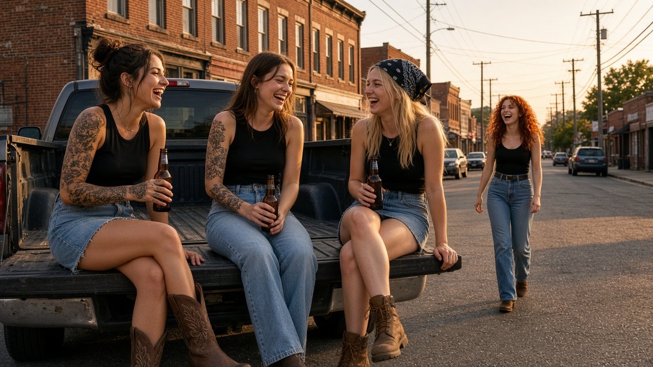 Cara, Susan, and Nicole on a pickup tailgate while Marlee walks up the street laughing.