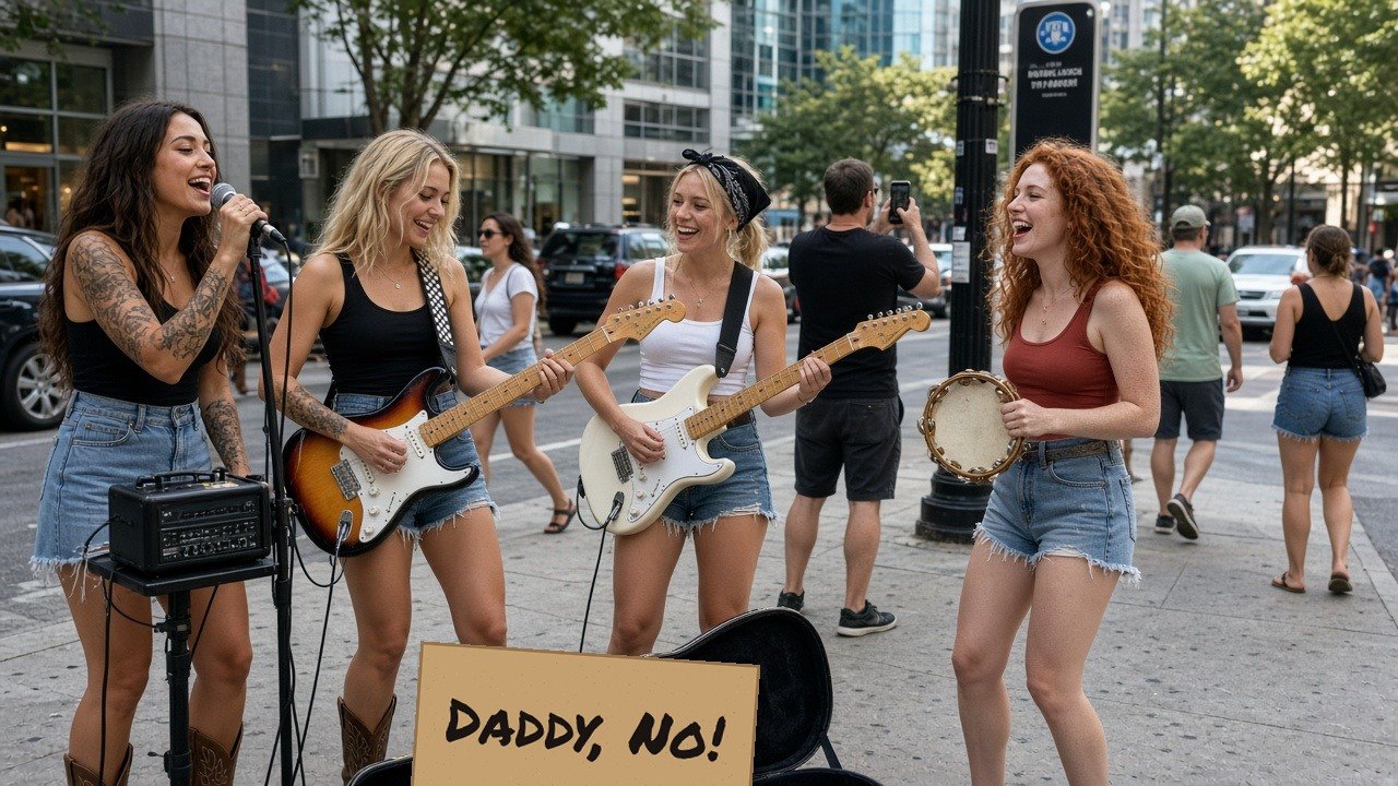 Daddy, No! busking on an Atlanta sidewalk with guitars, a tambourine, an open case, and a handmade Daddy, No! sign.
