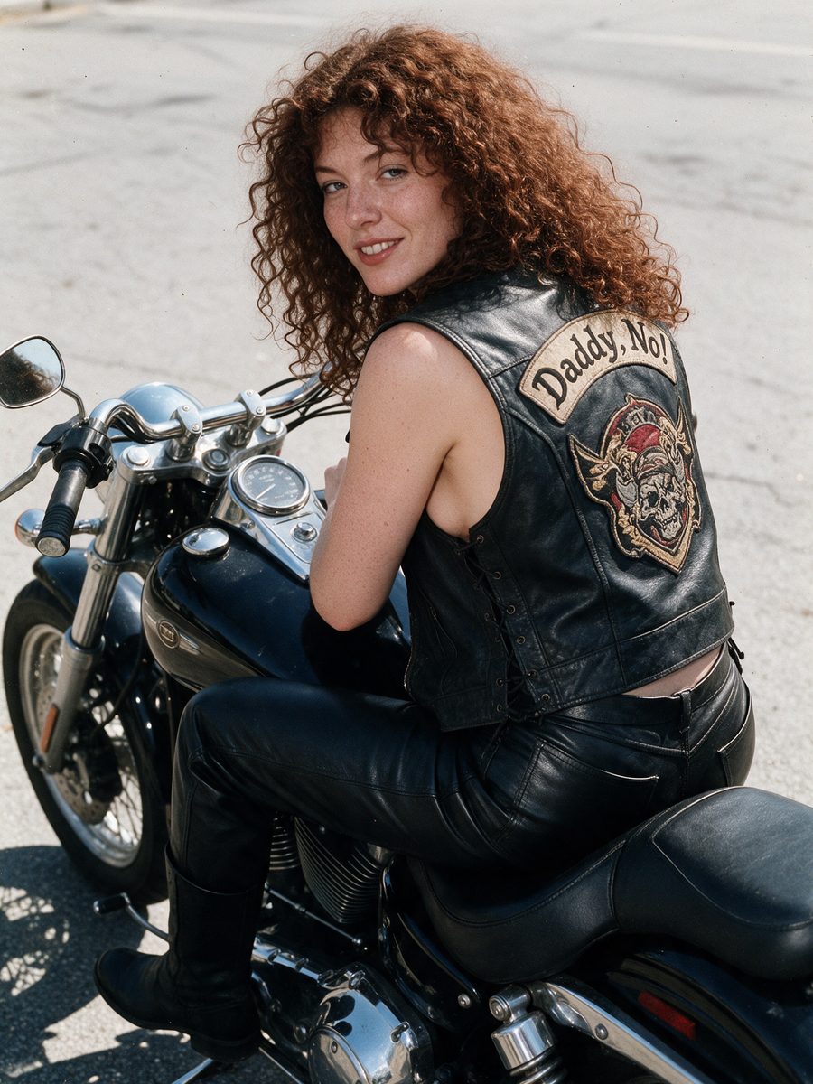 Marlee Boone on a motorcycle in a Daddy, No! club vest.