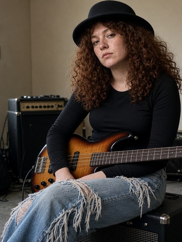 Marlee Boone sitting with her bass in a rehearsal room, black hat, curly red hair, frayed jeans.
