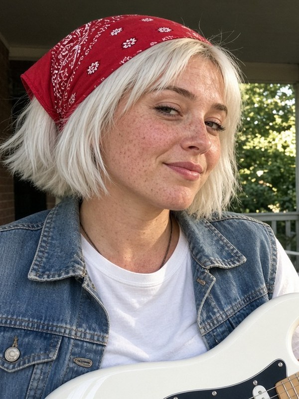 Nicole Hart on a porch with her white Strat, short platinum bob, red bandana, freckles, denim vest.
