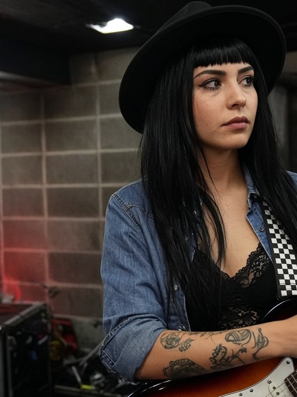 Susan Crowe with a sunburst Strat and checkered strap, black hat, bangs, floral ink on her right forearm.